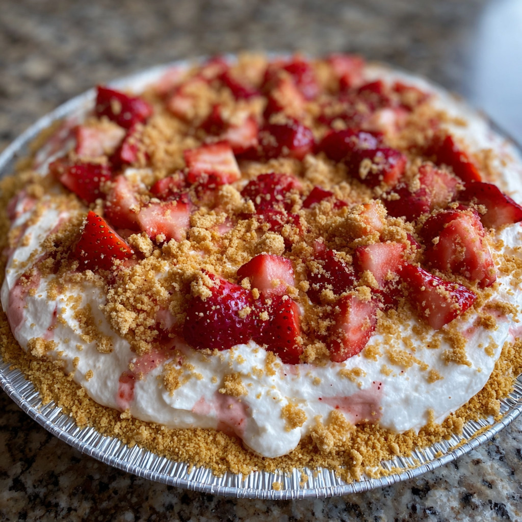 A strawberry crunch pie with a white whipped cream topping.