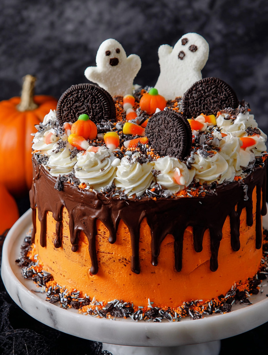 A Halloween themed layer cake with chocolate and white frosting.