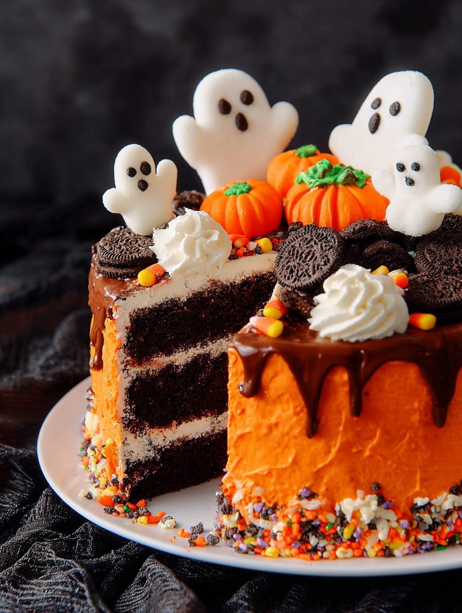 A Halloween themed layer cake with chocolate and orange frosting.