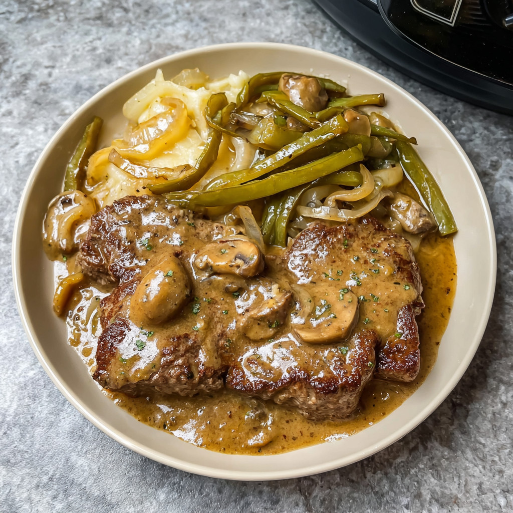A plate of slow cooker cubed steak with mushrooms and green beans.