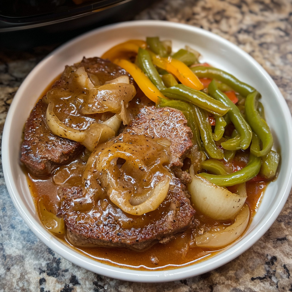 A white bowl filled with slow cooker cubed steak and vegetables.