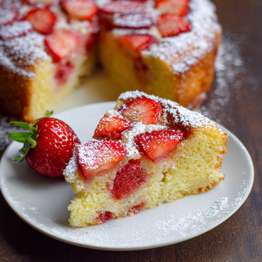 A slice of fresh strawberry yogurt cake.