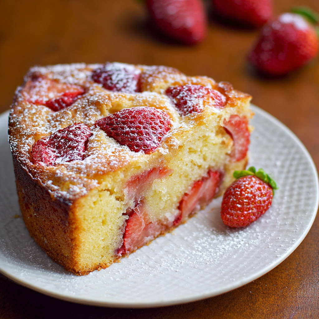 A slice of strawberry yogurt cake on a plate.