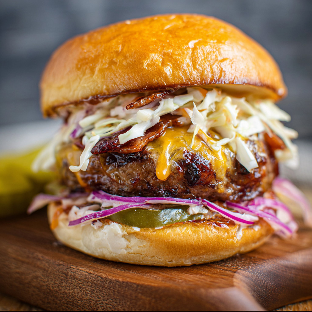A BBQ Ranch burger with lettuce, tomato, and pickles.