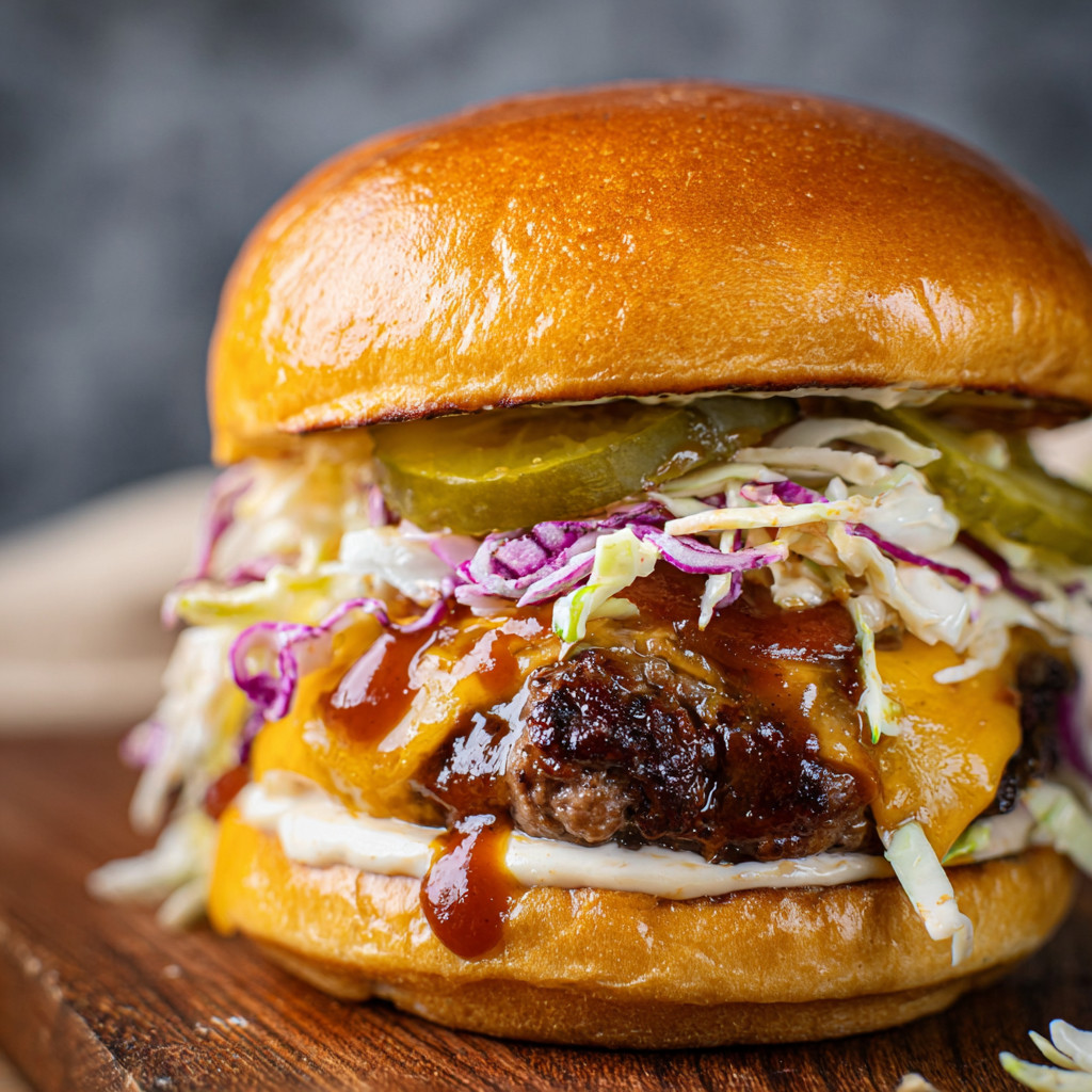 A BBQ Ranch burger with lettuce, tomato, and pickles.