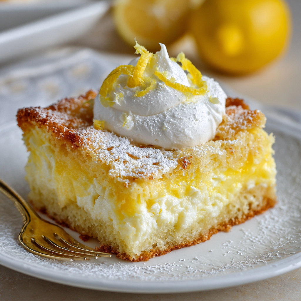 A slice of lemon cream cheese dump cake.
