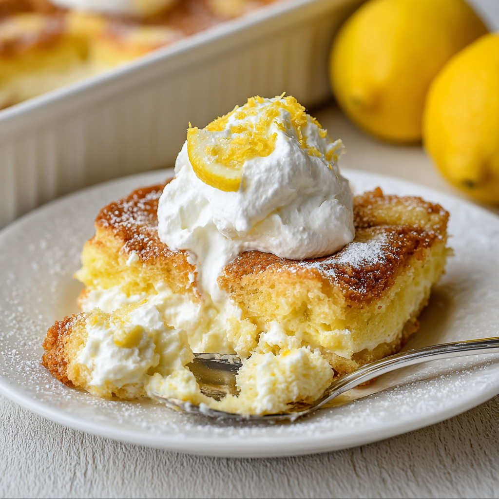 A slice of lemon cream cheese dump cake.