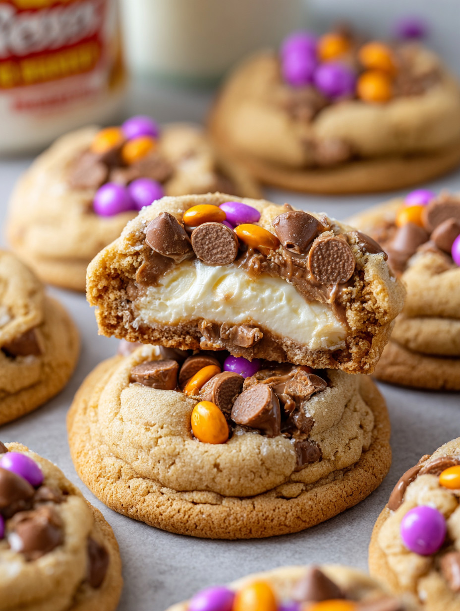 A close up of a cookie with white icing and chocolate chips.
