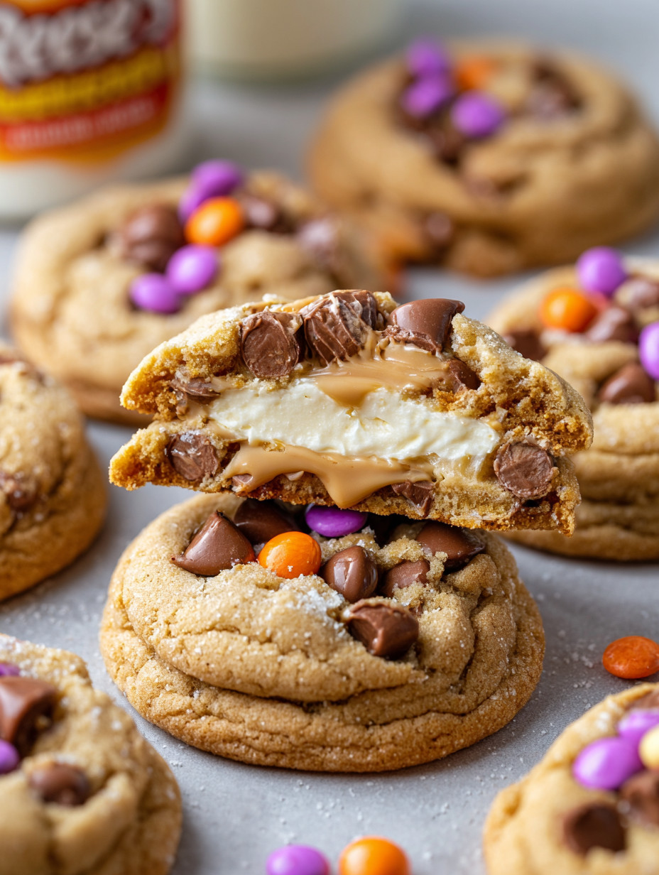 A close up of a cookie with chocolate chips and peanut butter.