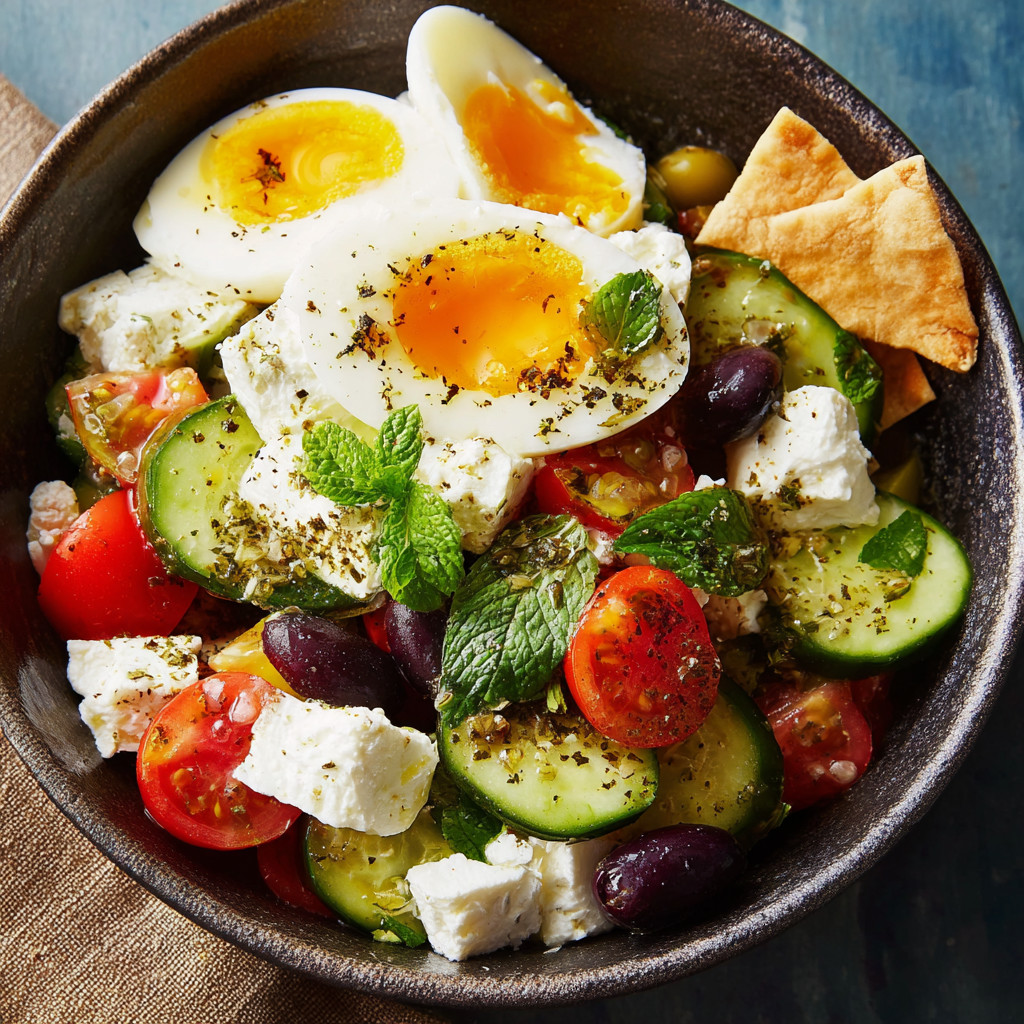 A bowl of Greek salad with cottage cheese and tomatoes.