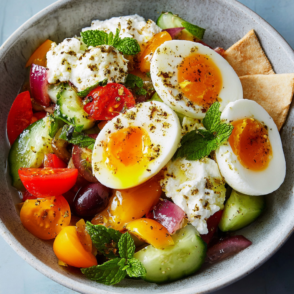 A bowl of Greek salad with cottage cheese.