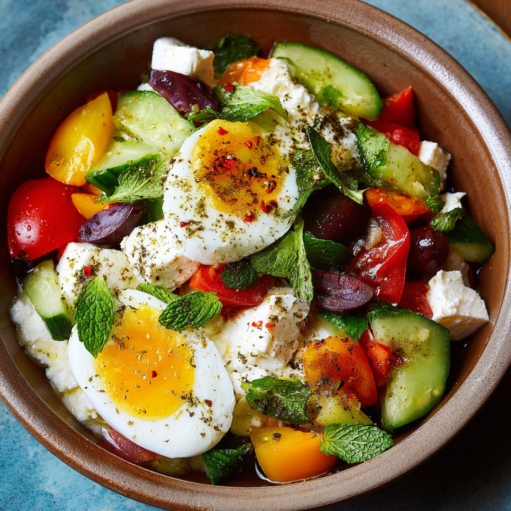 A bowl of Greek salad with cottage cheese.