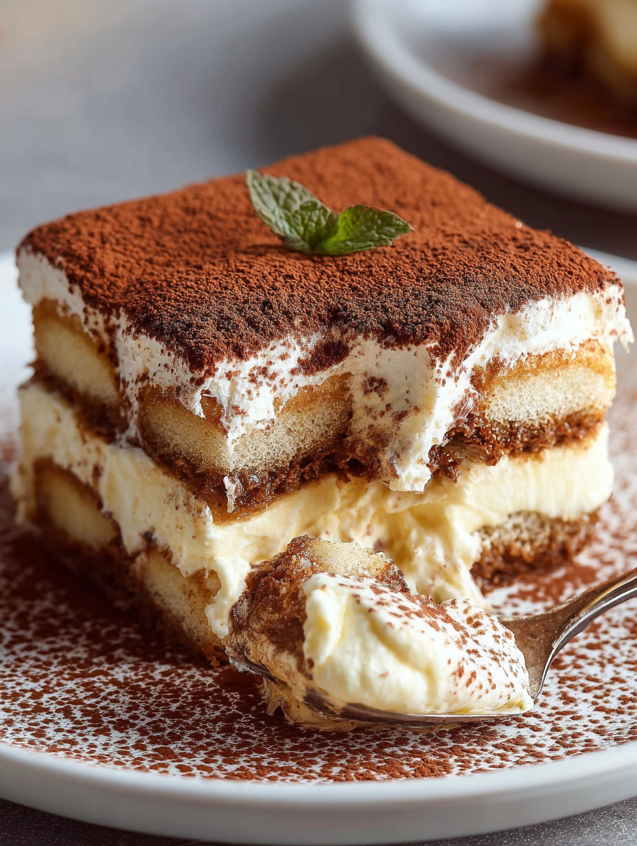 A slice of tiramisu cake with a leaf on top.