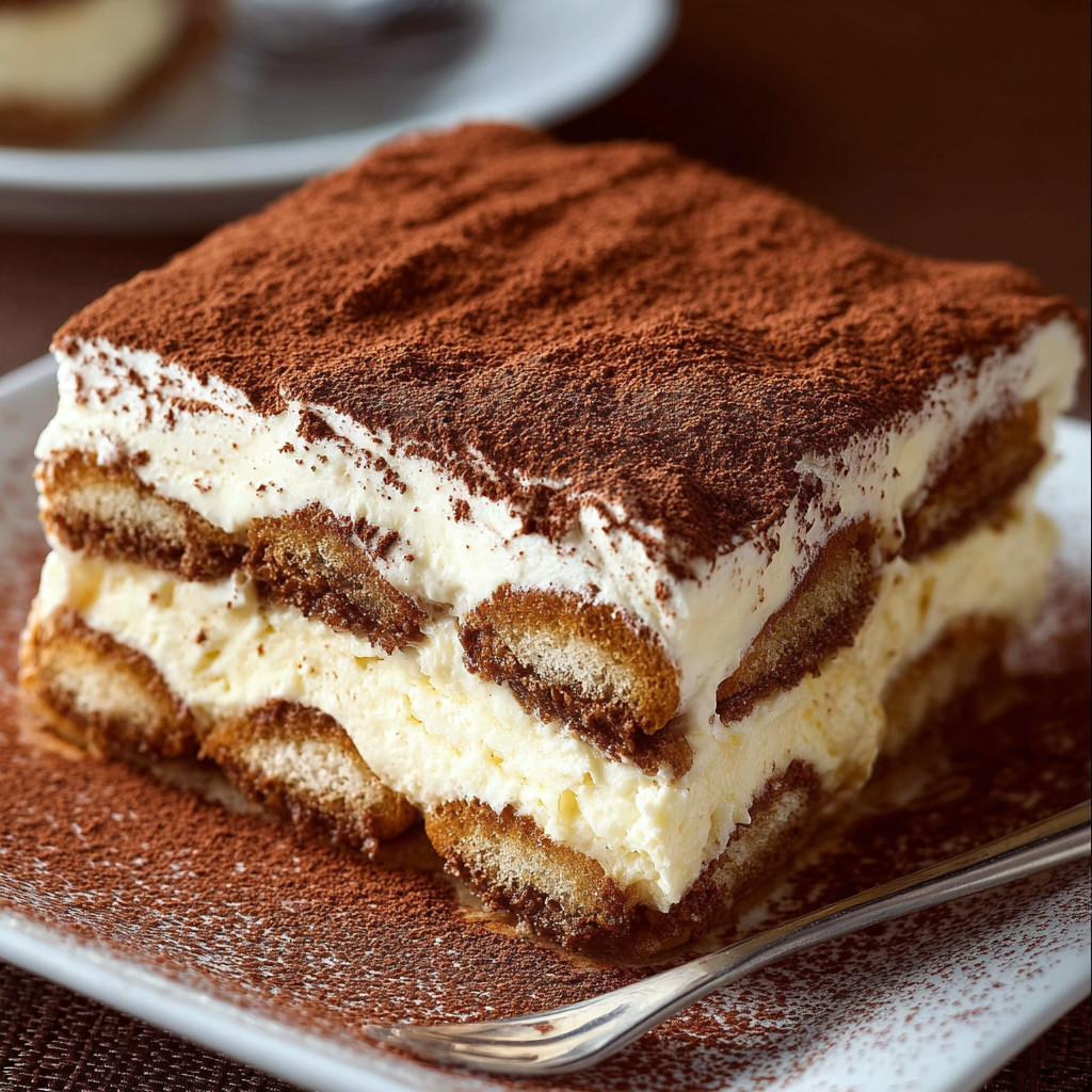 A slice of Tiramisu on a plate.