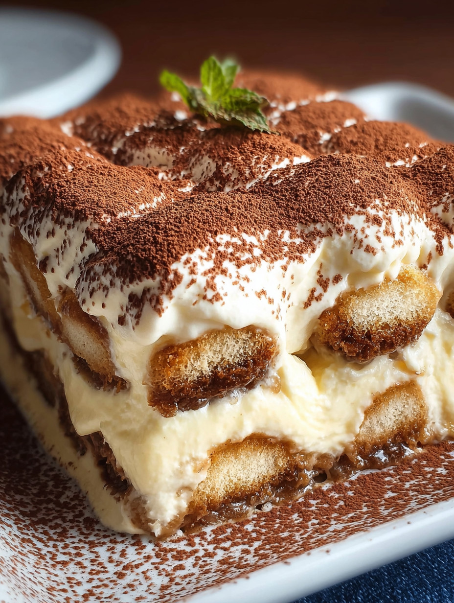 A slice of tiramisu with a leaf on top.
