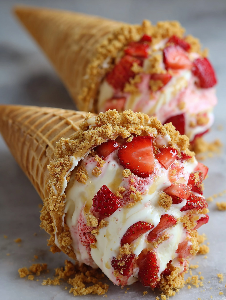 A close up of a strawberry crunch cheesecake cone.