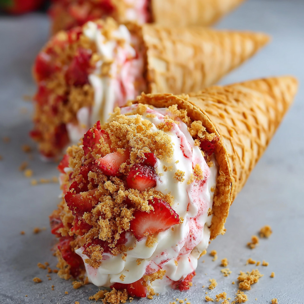 A close up of a strawberry crunch cheesecake cone.