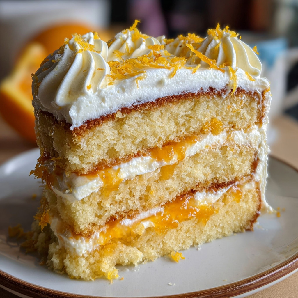A slice of cake with orange cream on top.
