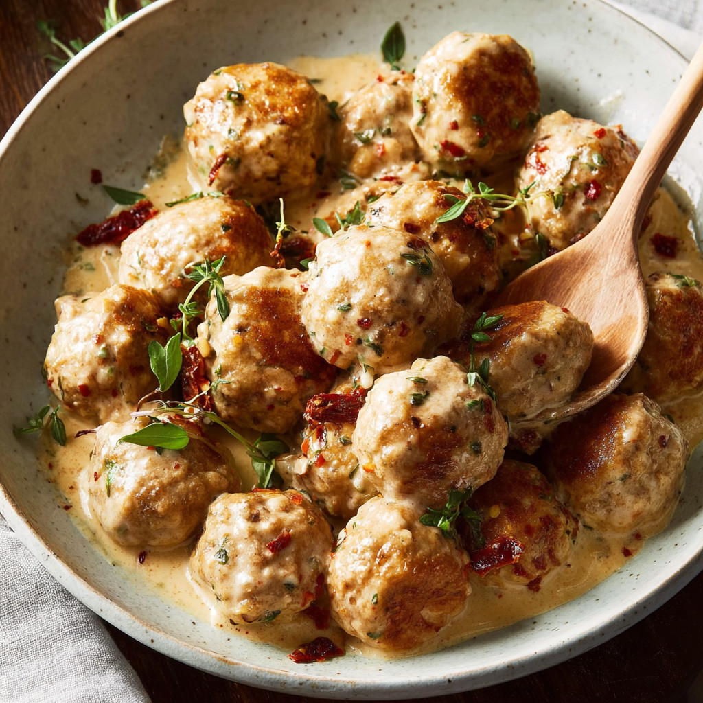 A bowl of meatballs with a wooden spoon in it.