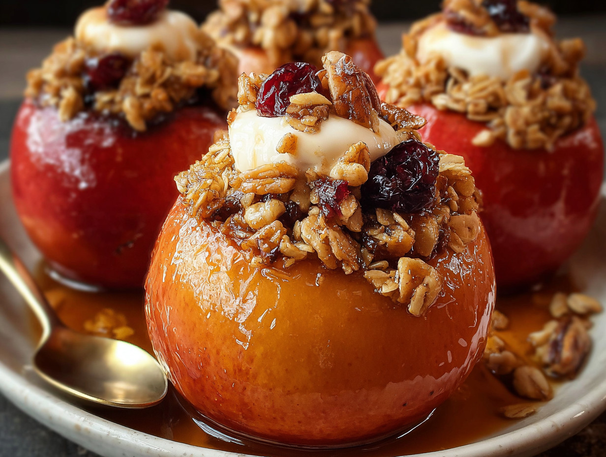 A plate of baked apples with walnuts and whipped cream.