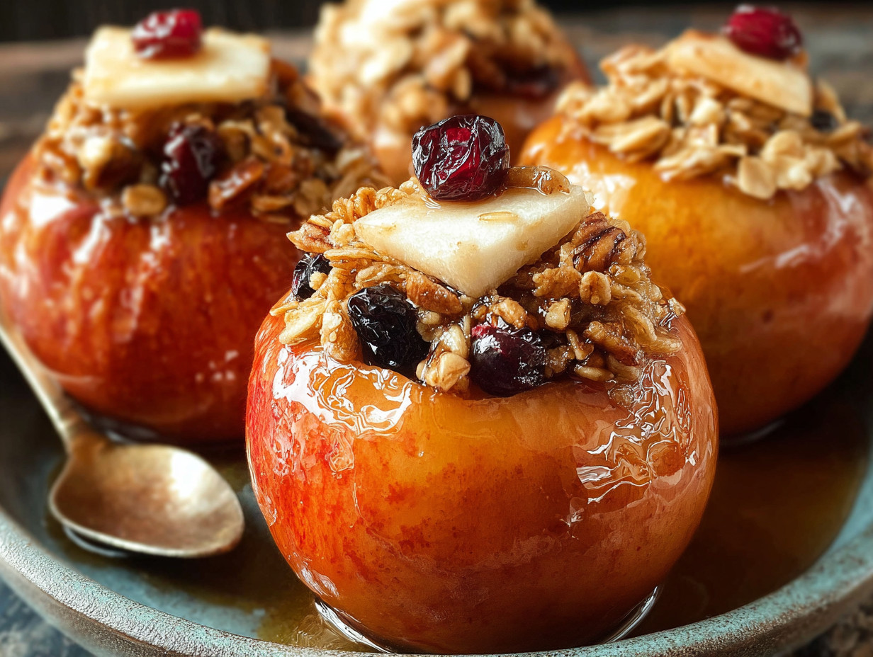 A plate of baked apples with a spoon on it.