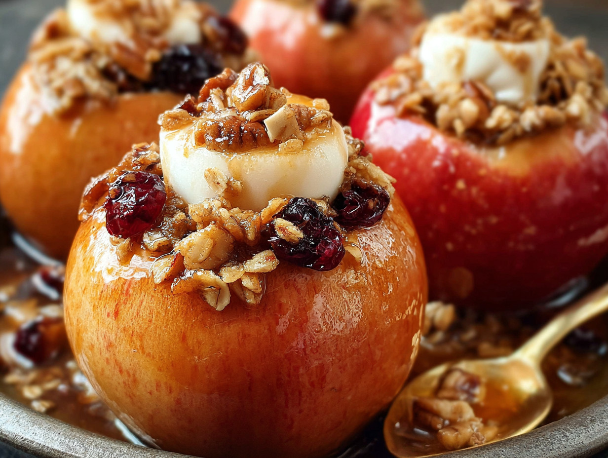 A close up of a baked apple with nuts on top.