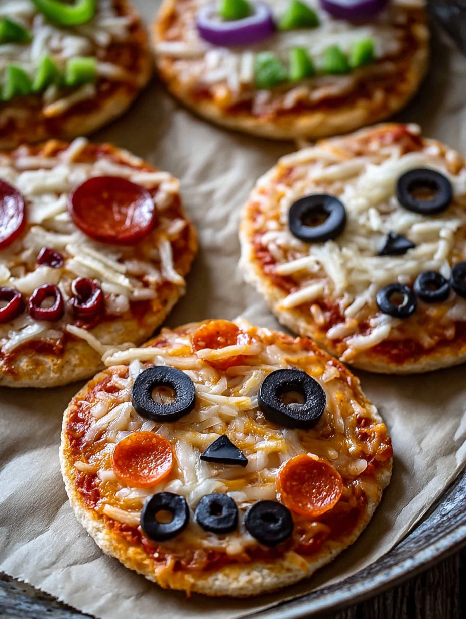 Halloween mini pizzas with black olives and cheese.