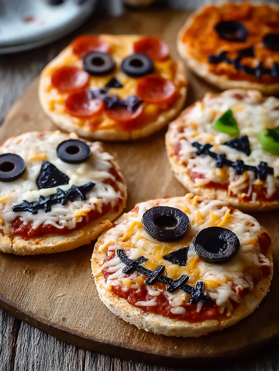 Halloween mini pizzas with black olives and cheese.