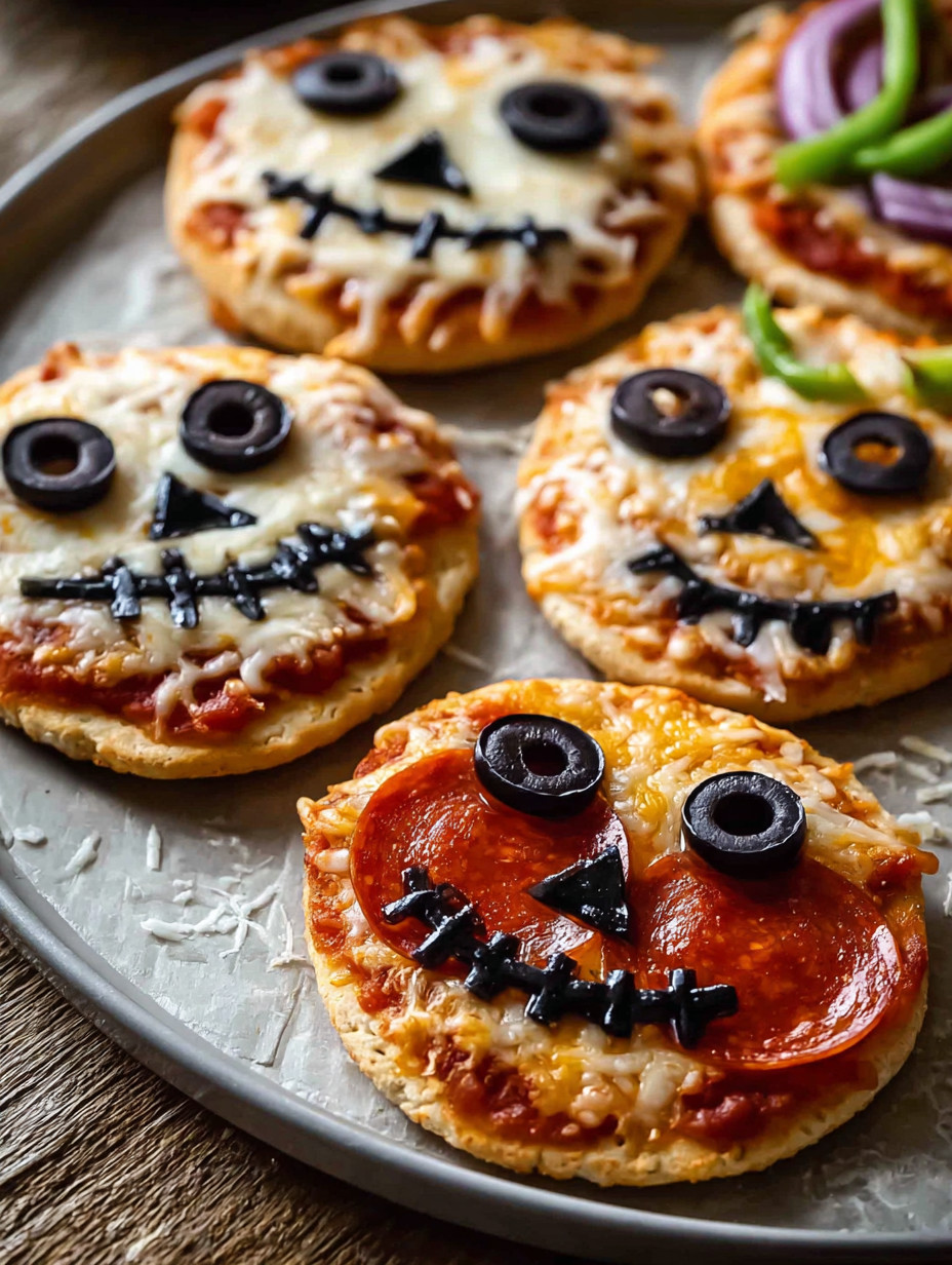 Halloween mini pizzas with black olives and cheese.