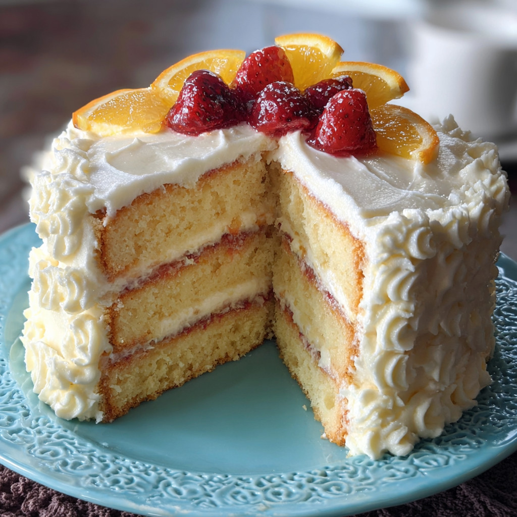 A slice of cake with strawberries and oranges on top.