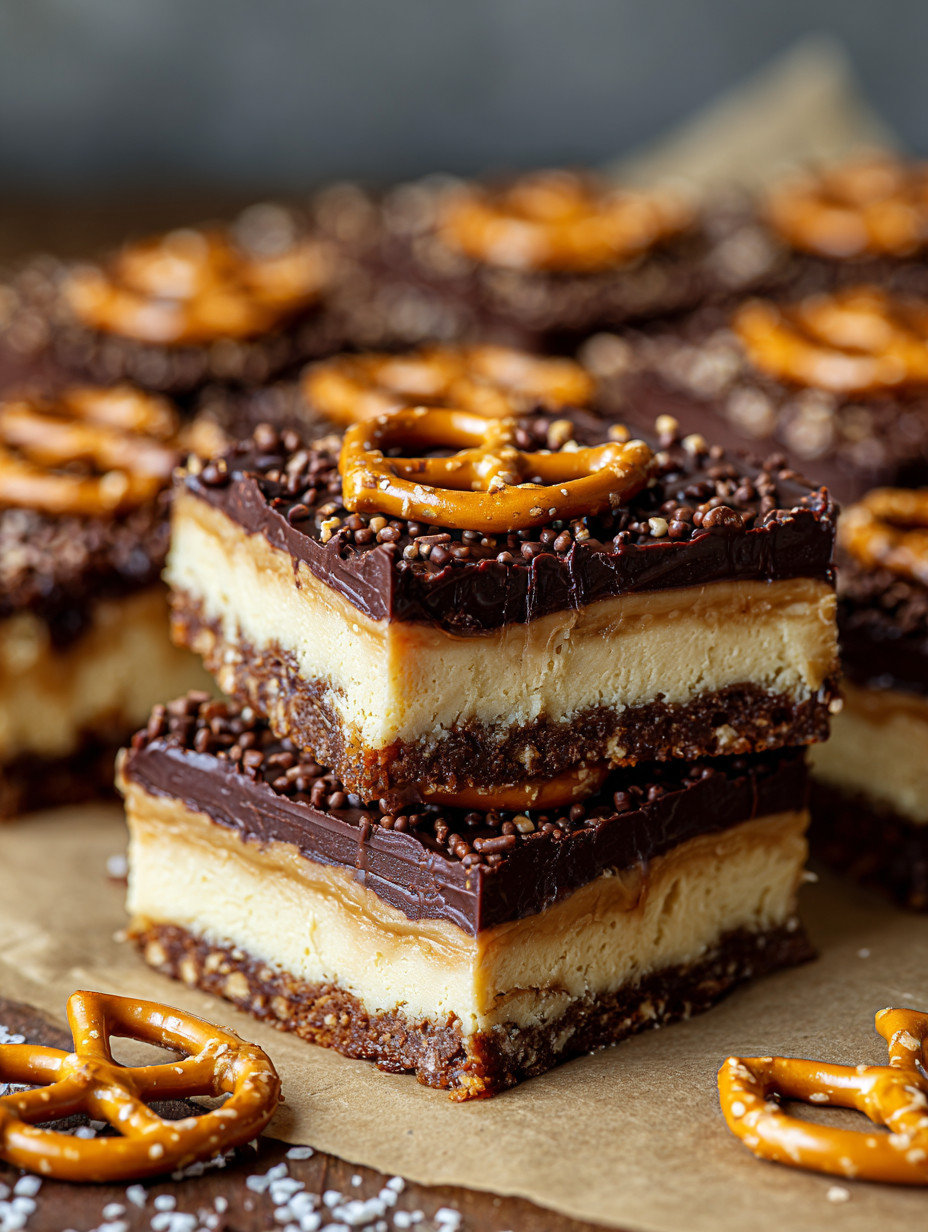 Chocolate Peanut Butter Pretzel Cheesecake Bars.