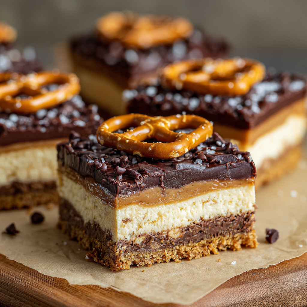 A close up of a chocolate peanut butter pretzel cheesecake bar.
