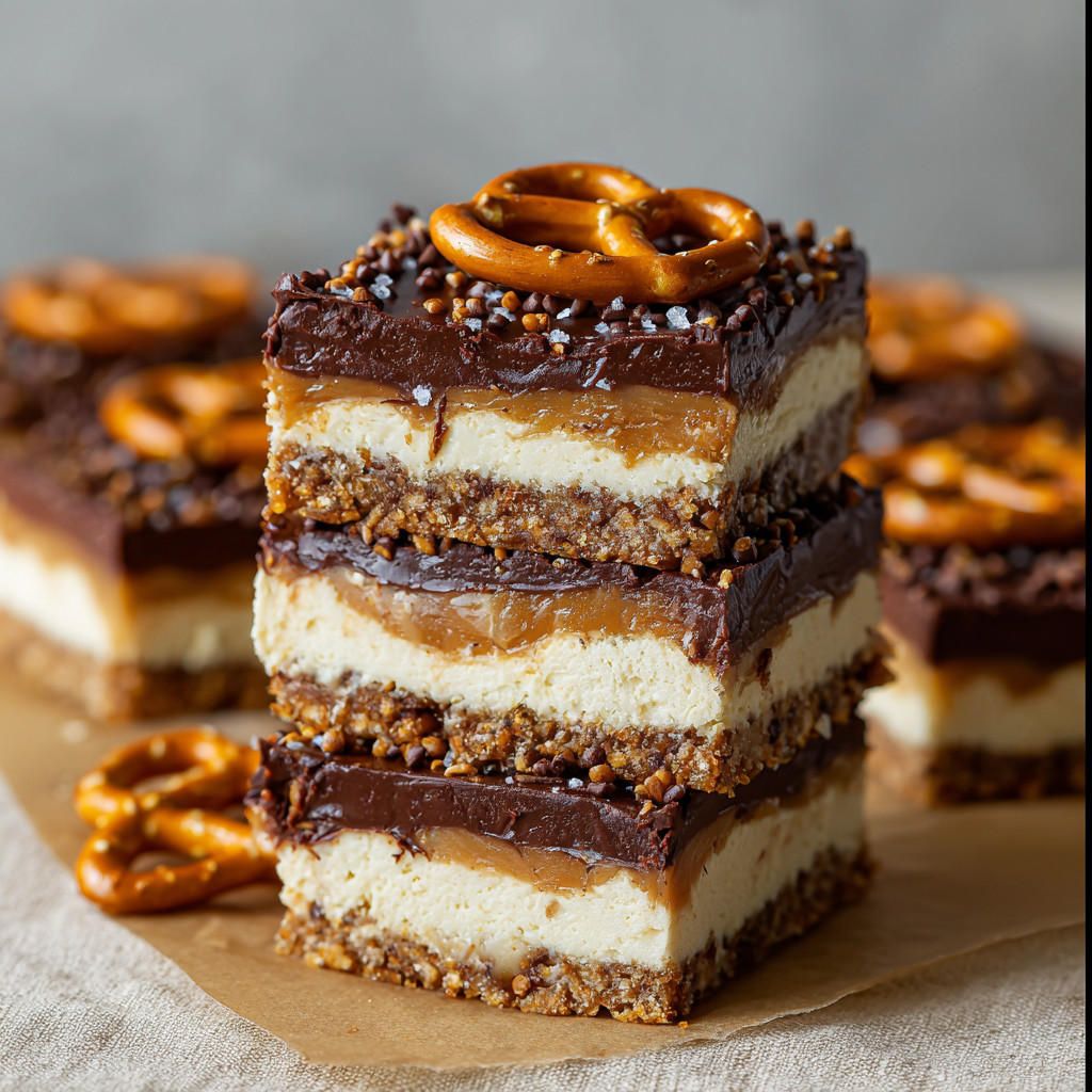 Three layers of chocolate peanut butter pretzel cheesecake bars.