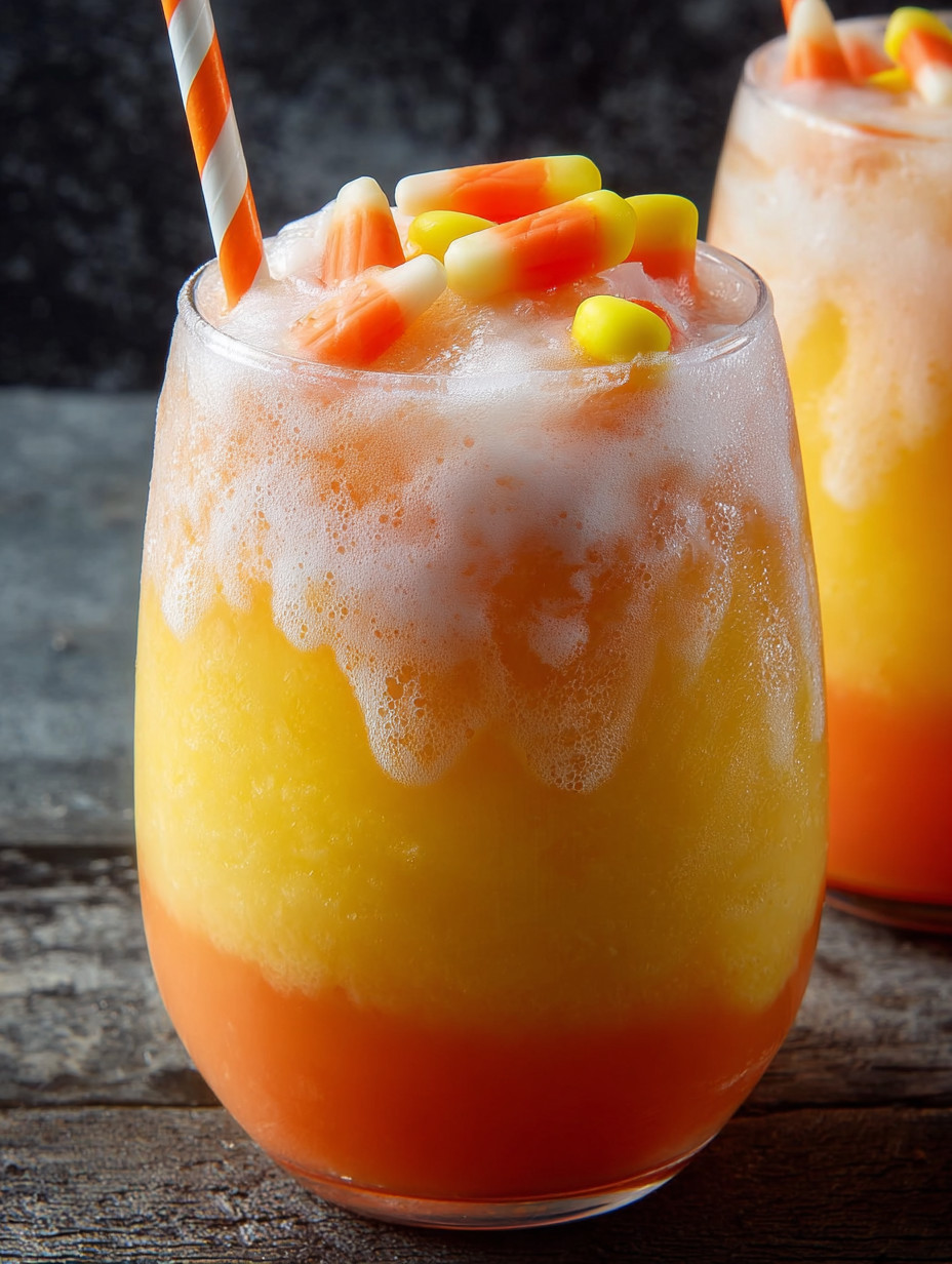 A glass of Candy Corn Coladas.