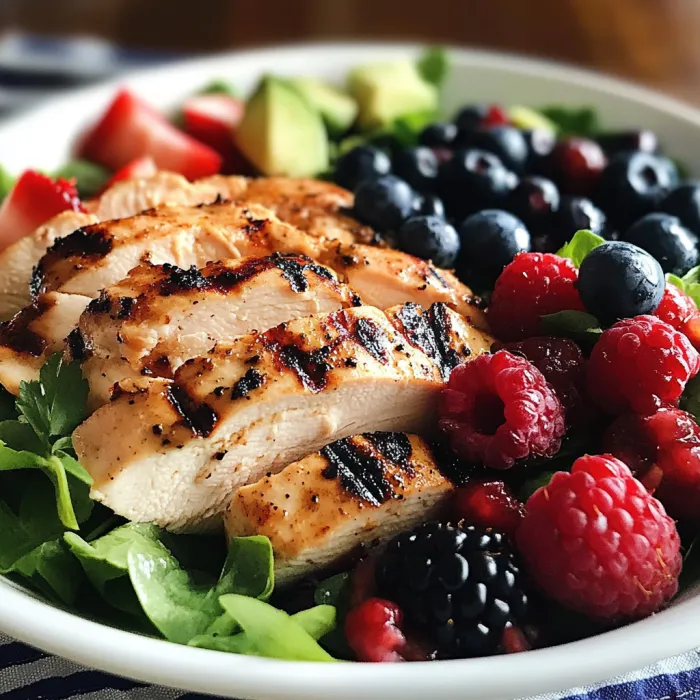 A delicious grilled chicken salad with berries.