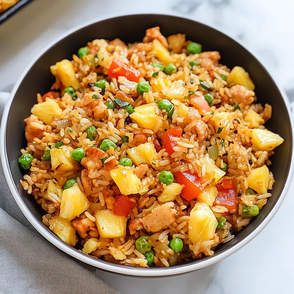 A bowl of rice with pineapple and peas.