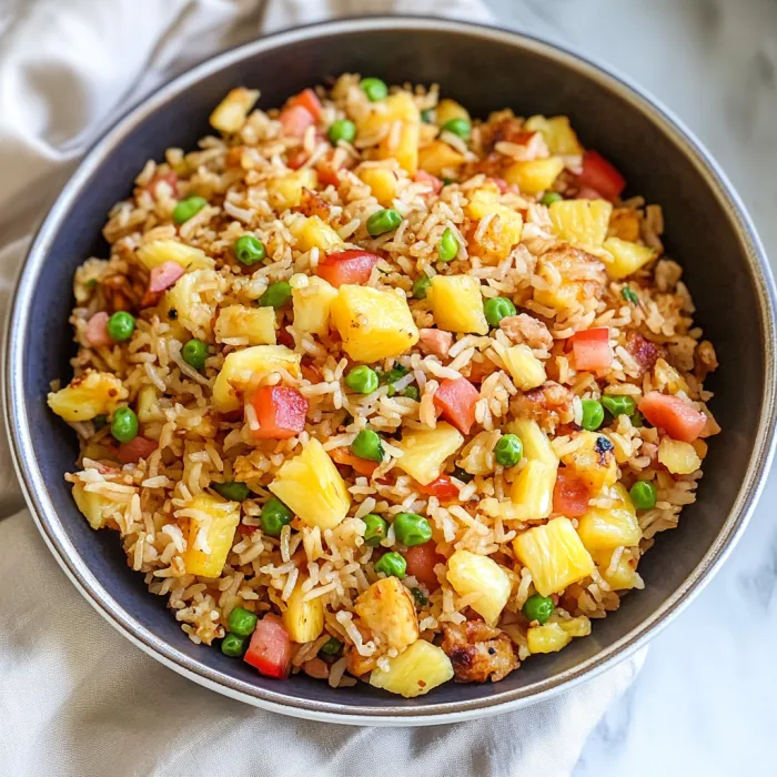 A bowl of rice with pineapple and peas.