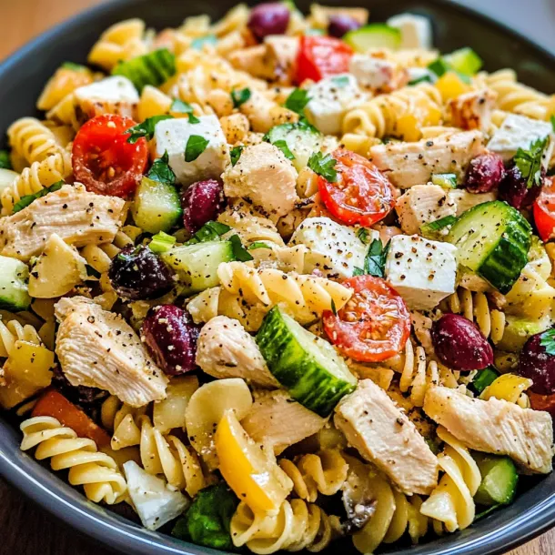 A bowl of Greek chicken pasta salad.