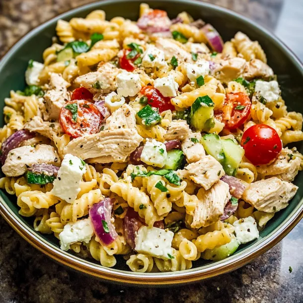 A bowl of Greek chicken pasta salad.