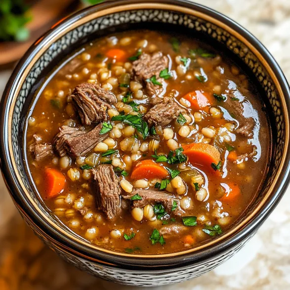 A bowl of beef and barley soup.
