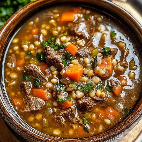 A bowl of beef and barley soup.