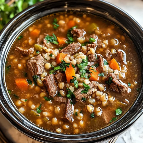 A close up of a crockpot beef and barley soup.