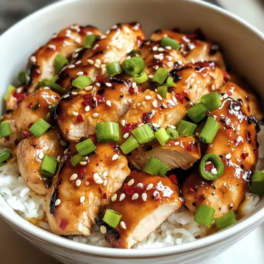 A bowl of honey garlic chicken with rice.