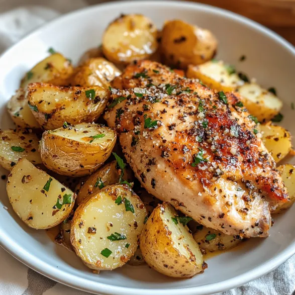 A plate of garlic Parmesan chicken and potatoes.