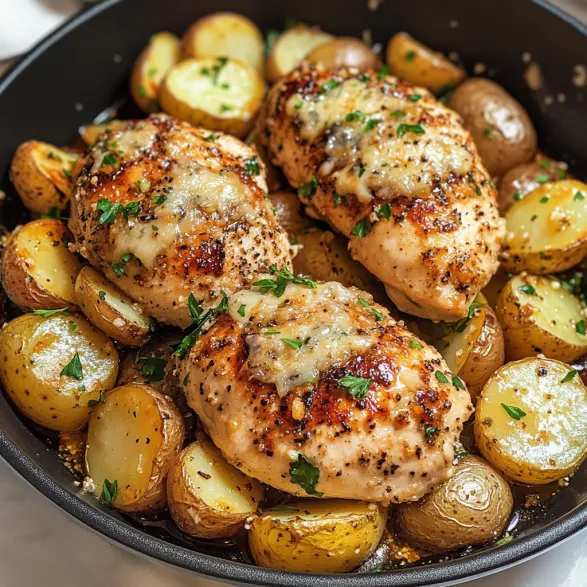 A dish of chicken and potatoes with garlic and Parmesan cheese.