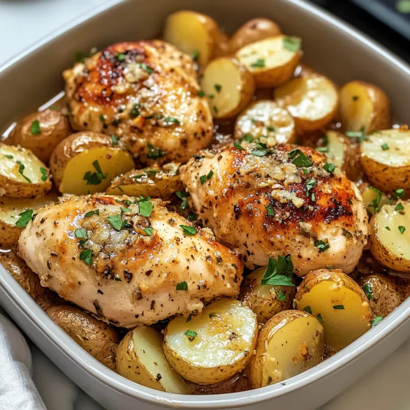 A bowl of garlic Parmesan chicken and potatoes.