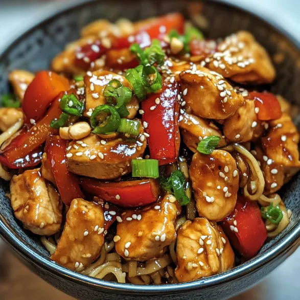 A bowl of stir fry with chicken, peppers, and onions.