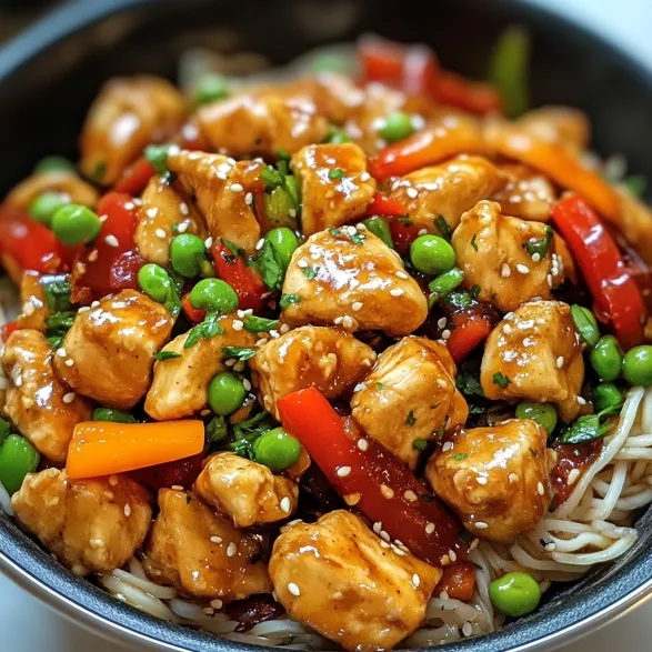 A bowl of stir fry with chicken, peppers, and peas.