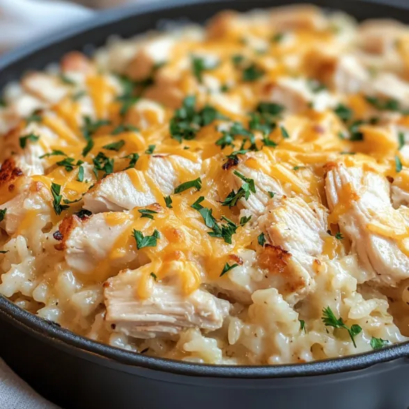 A close up of a cheesy chicken and rice casserole.