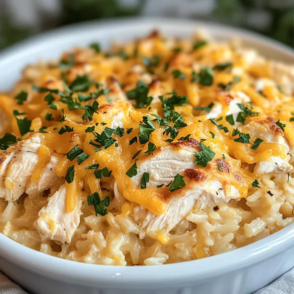 A bowl of cheesy chicken and rice casserole.